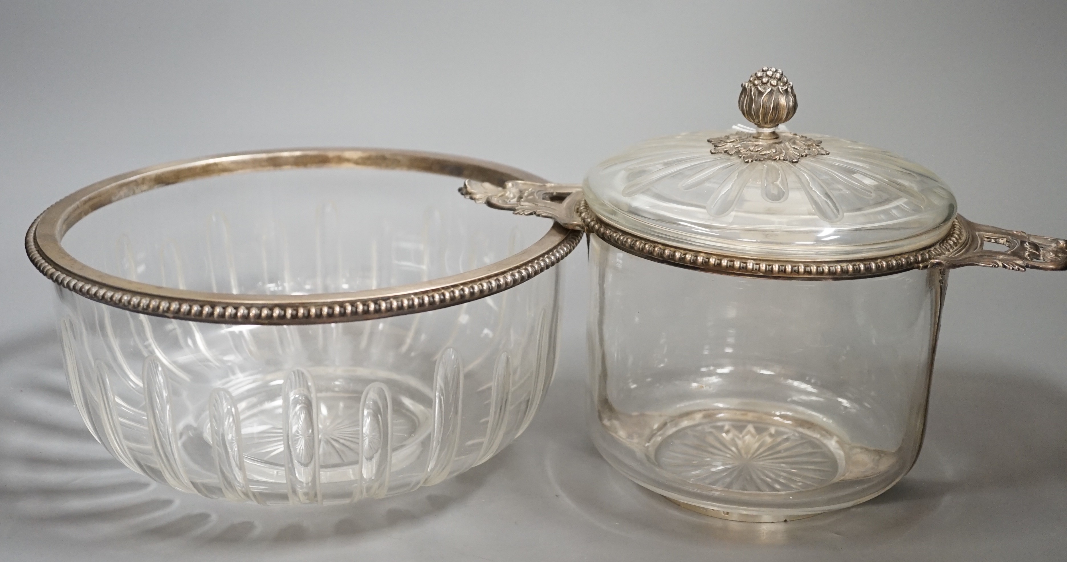 An early 20th century French white metal mounted cut glass caviar set, by Amelie Cardeilhac, Paris, with beaded borders, bowl diameter 24.4cm.